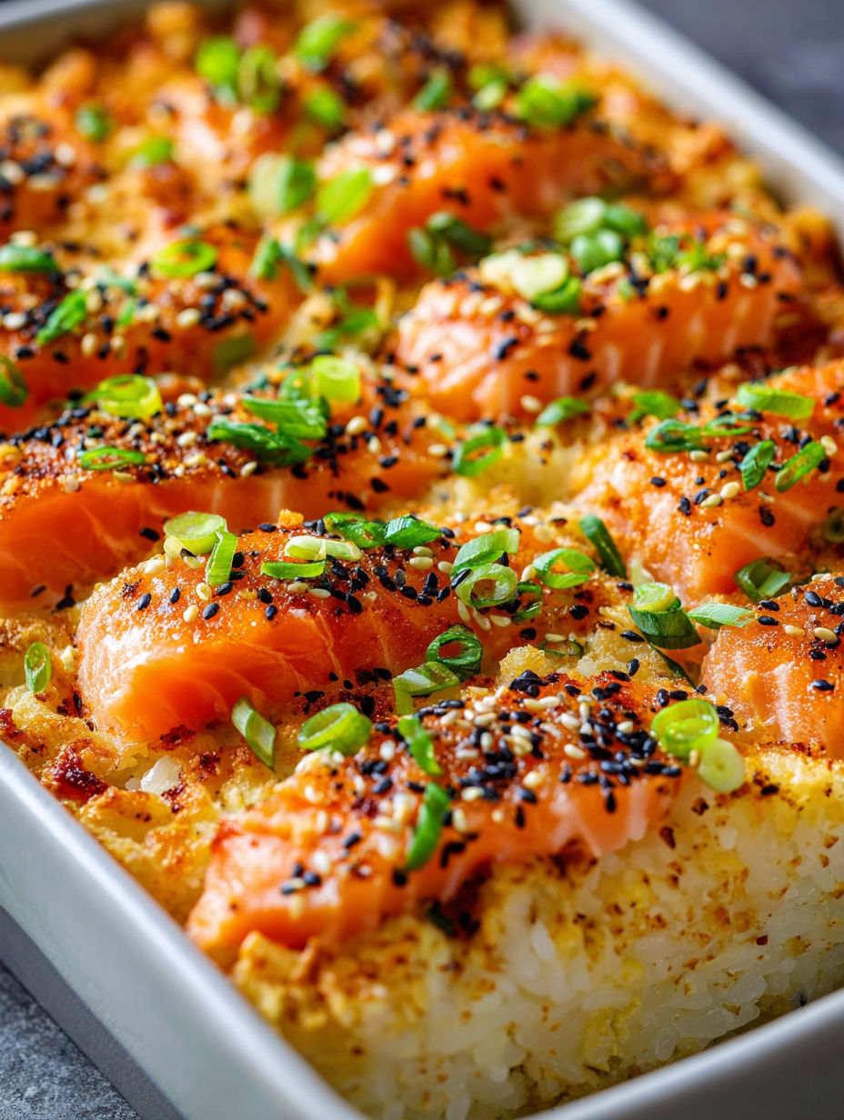 Salmon sushi casserole topped with black sesame seeds.