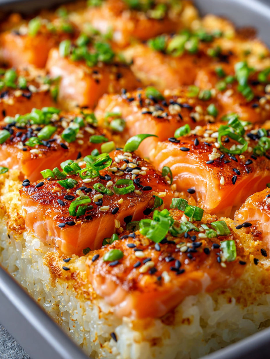 Salmon sushi casserole topped with black sesame seeds.