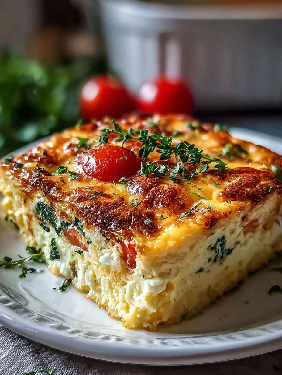 A slice of cottage cheese egg bake with tomatoes and herbs.