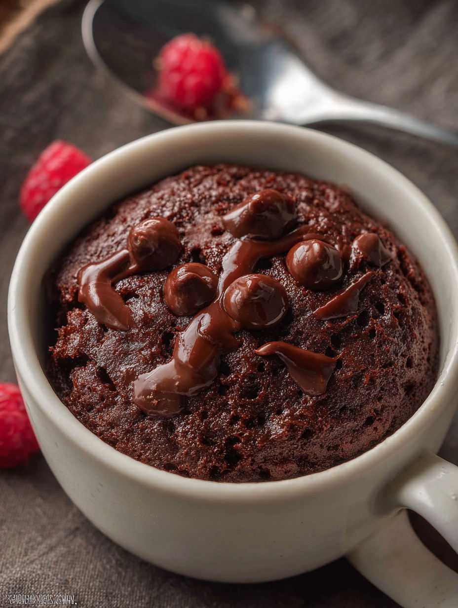 Chocolate muffin in a cup topped with chocolate drizzle.