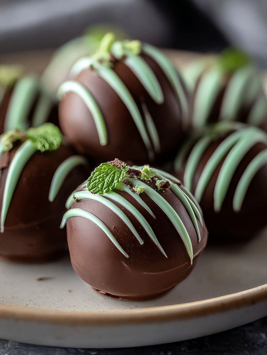 Chocolate truffles on a plate with mint toppings.