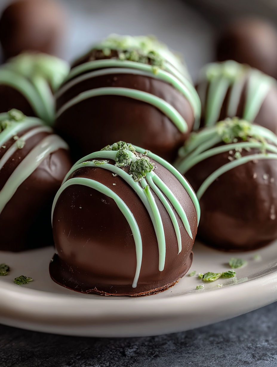 Chocolate truffles with mint topping on a plate.