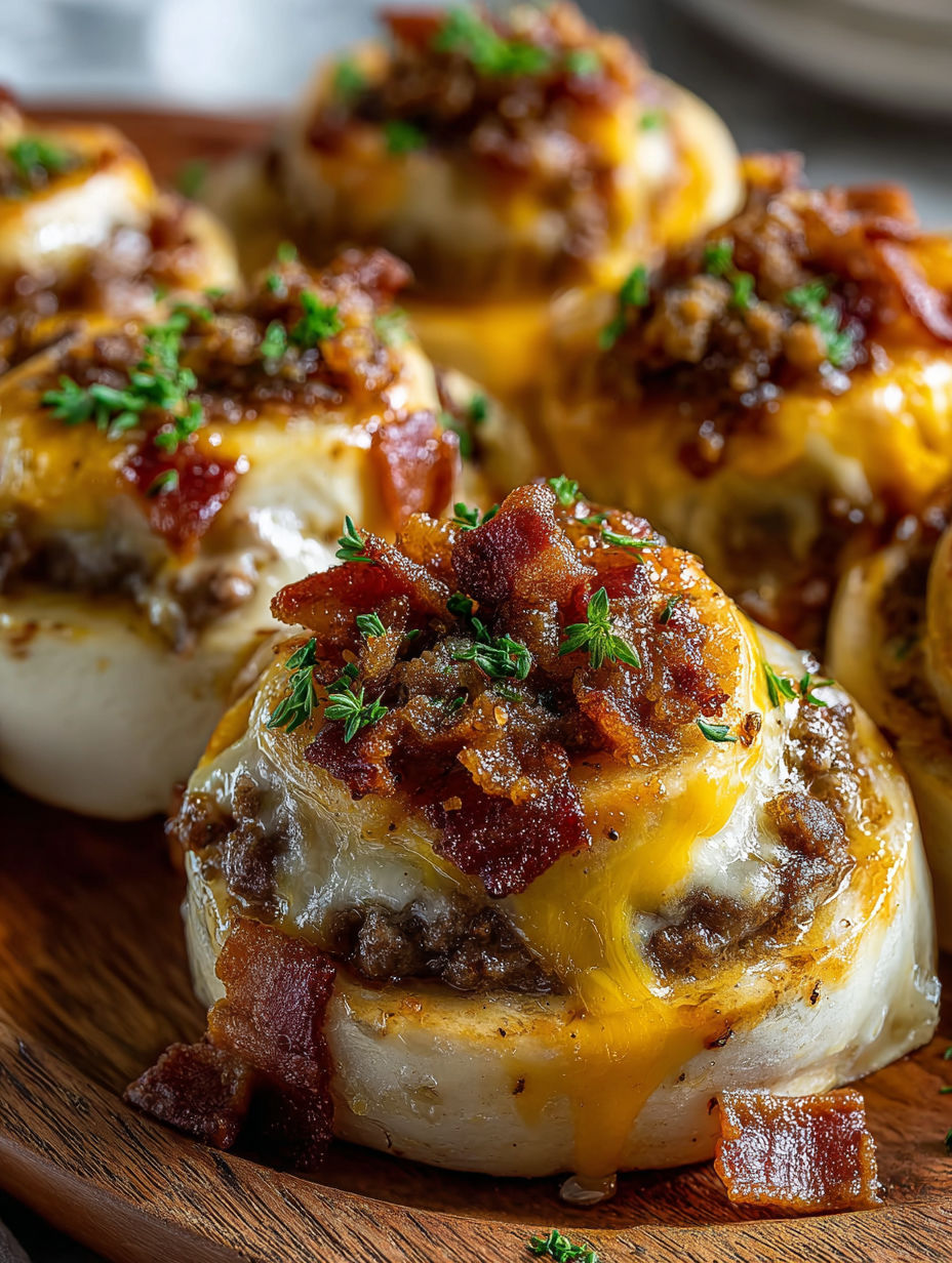 Bacon wrapped meatballs on a wooden table.