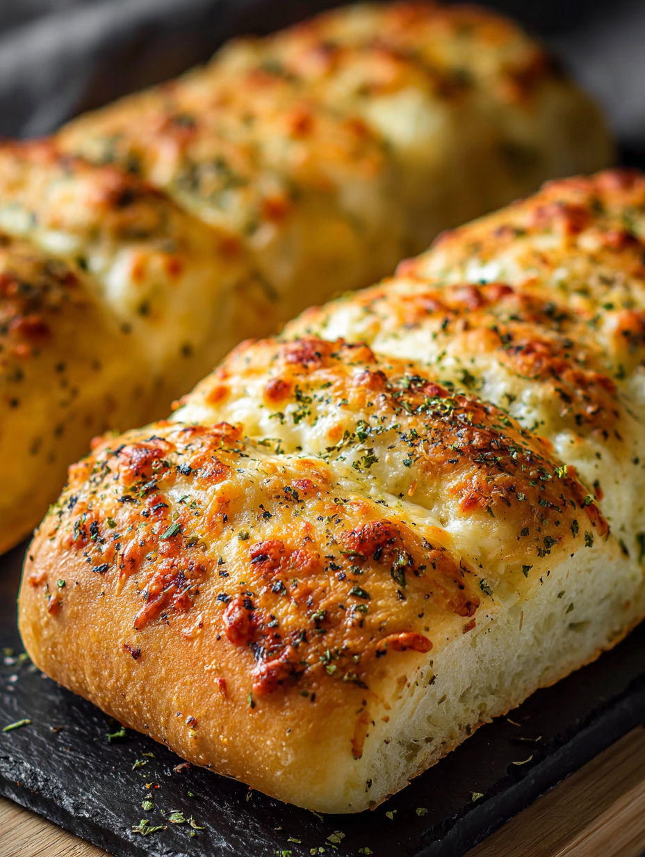 Close-up of bread topped with cheese and herbs.
