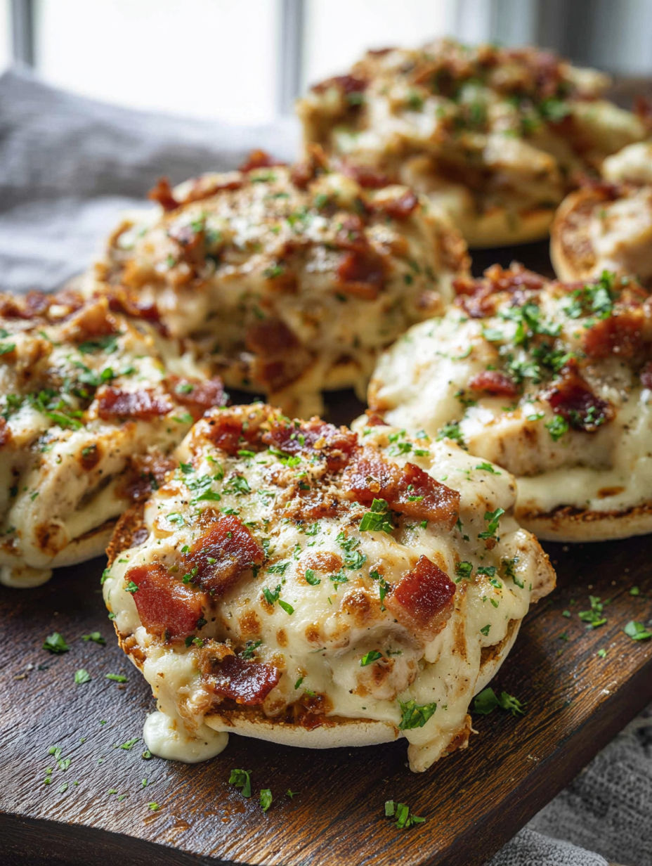 Chicken and bacon alfredo on English muffins.
