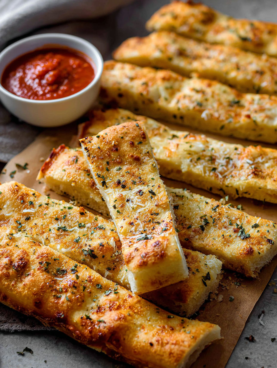 Plate of breadsticks served with marinara dip.