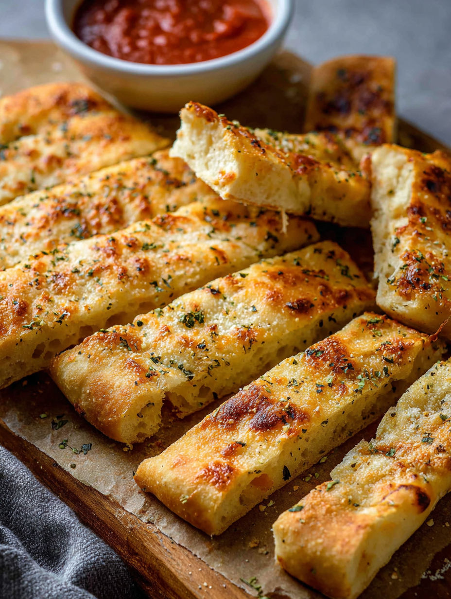 Breadsticks topped with cheese and herbs on a plate.