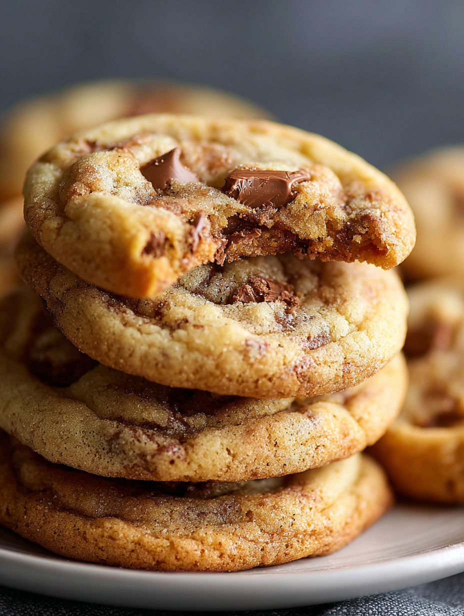 Stacked Toffee Doodle Cookies on a table.