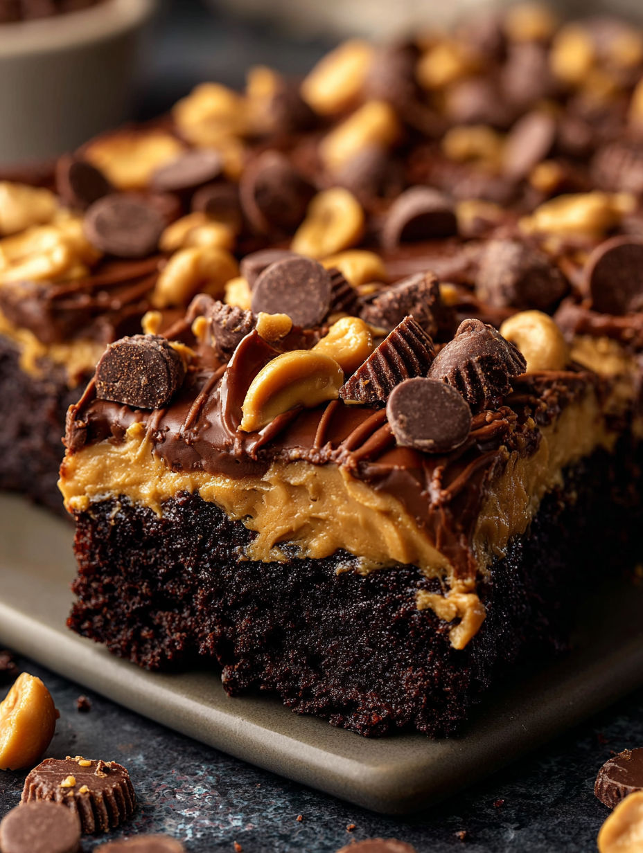 A piece of chocolate peanut butter cake with swirls.