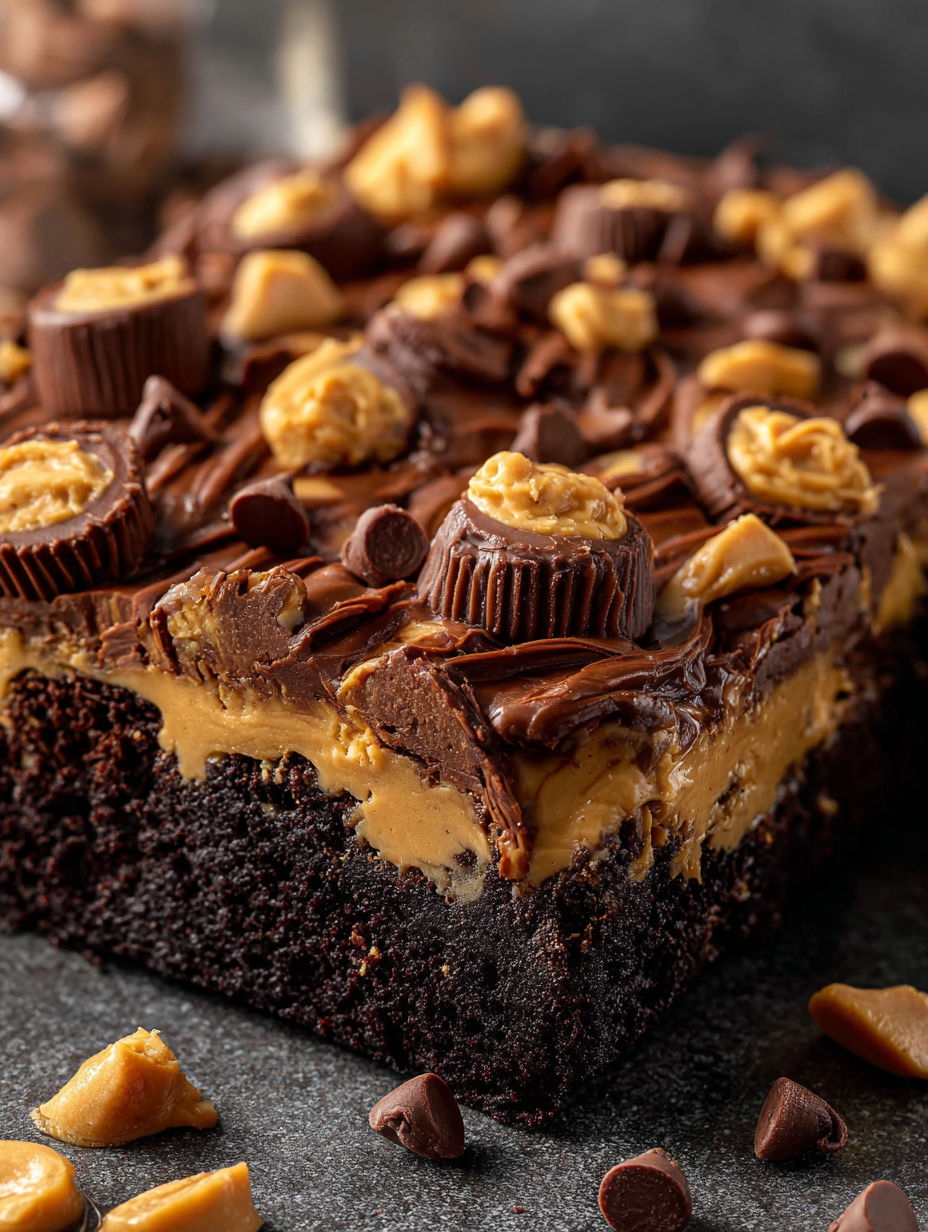 Close-up shot of chocolate cake dotted with peanut butter and chocolate chips.