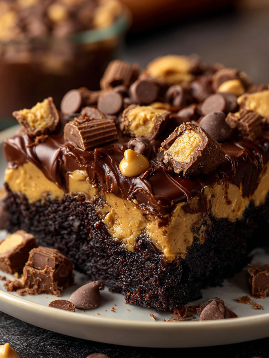 Chocolate cake topped with peanut butter and chocolate bits.