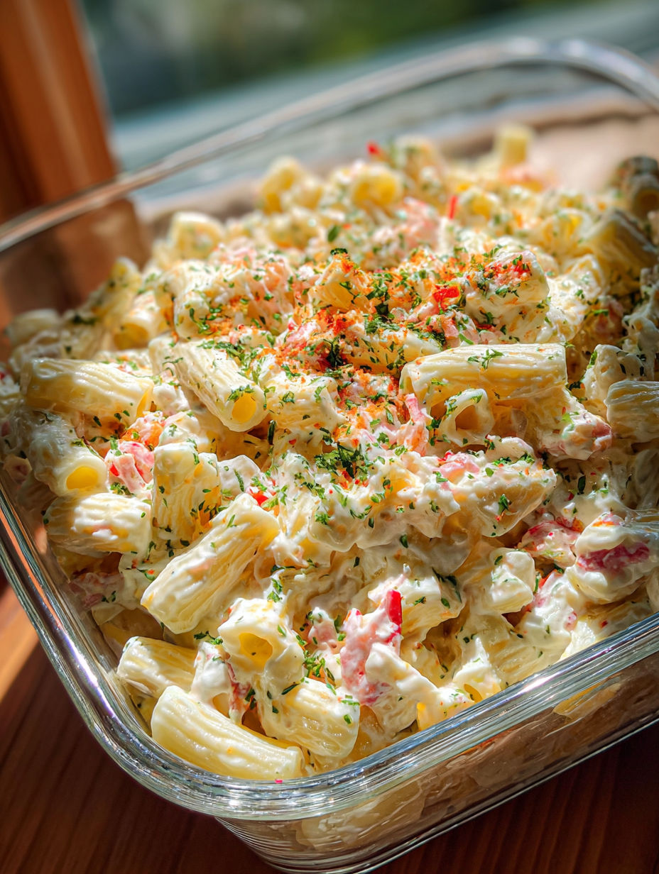 A bowl of macaroni salad with cheddar sour cream.