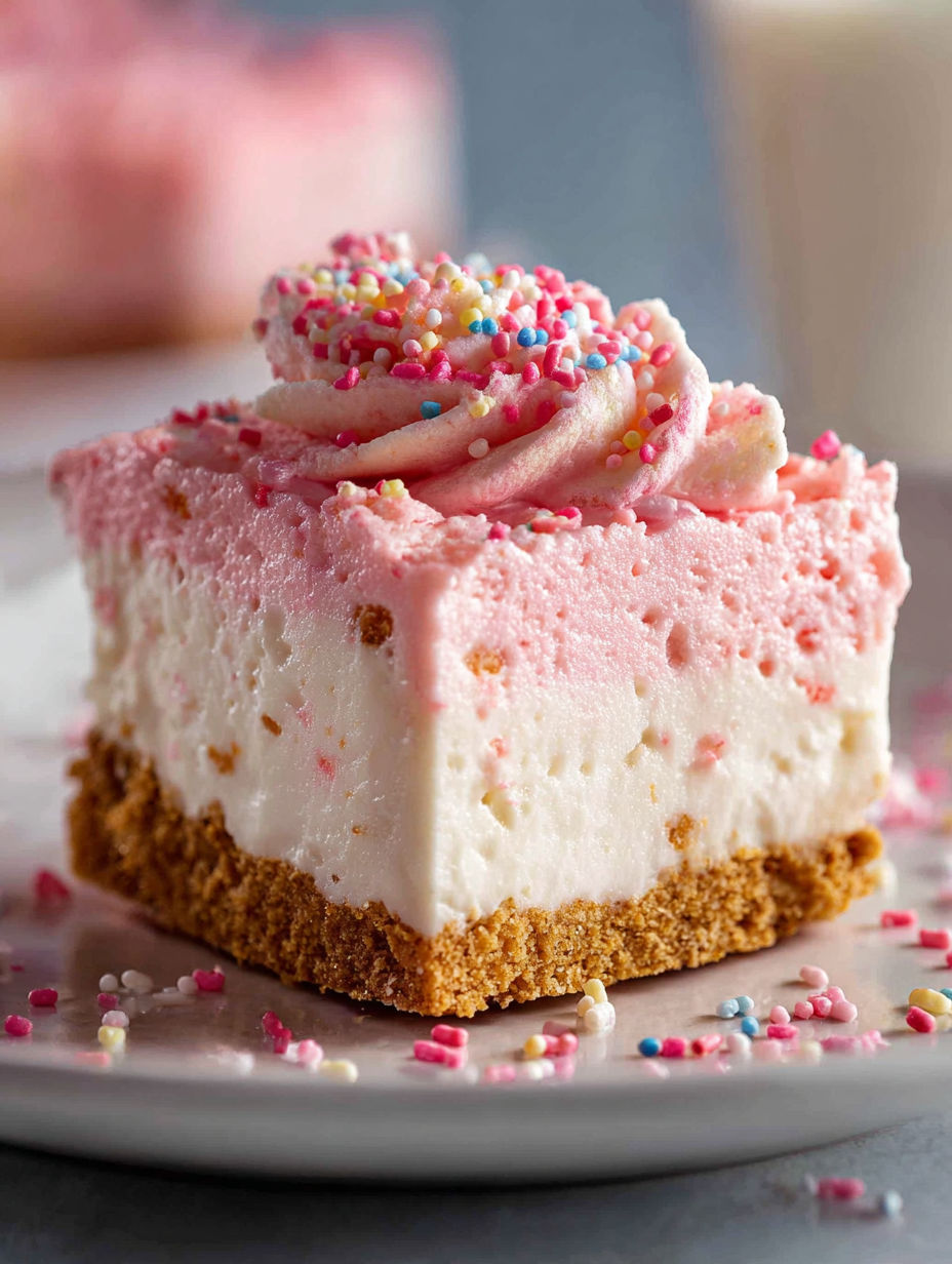 A slice of a pink and white frosted dessert.