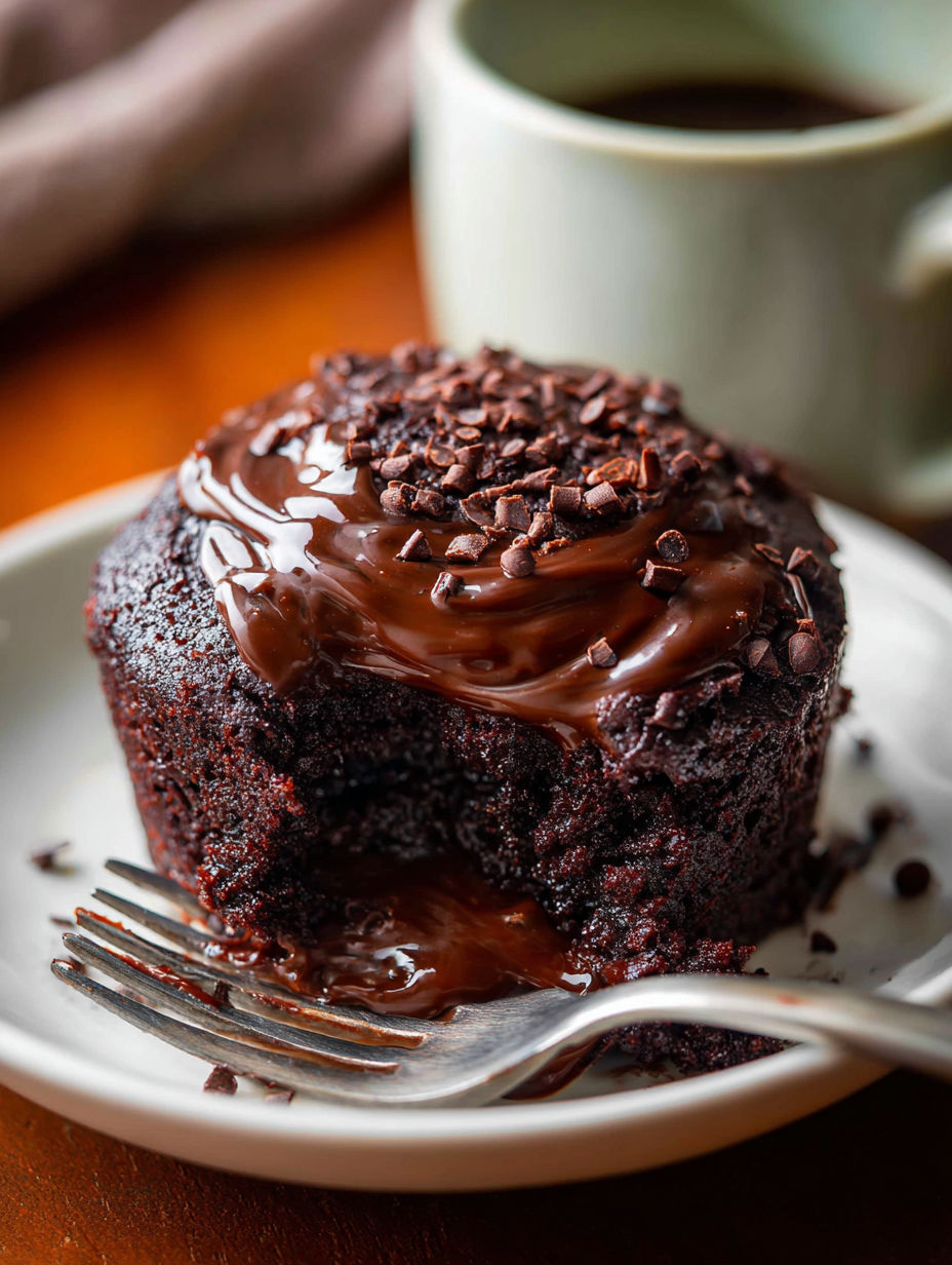 Chocolate mug cake with chocolate sauce drizzled on top.
