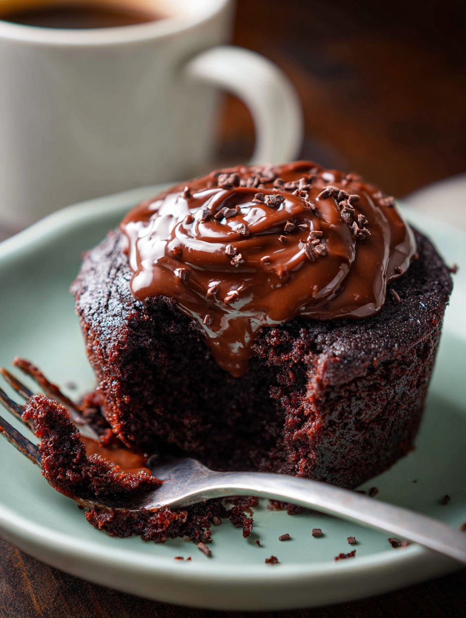 Chocolate mug cake drizzled with chocolate syrup.