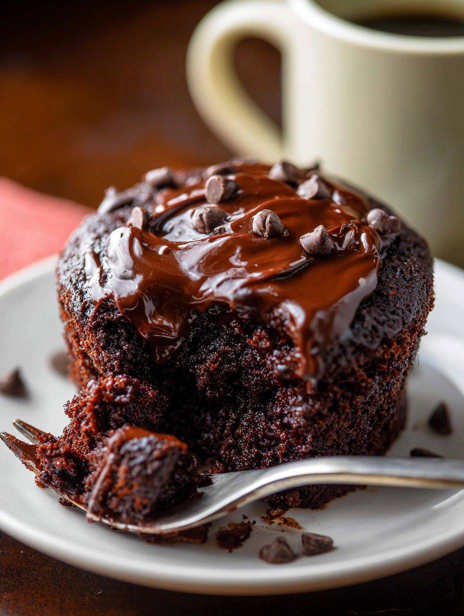 Chocolate mug cake topped with chocolate chips.