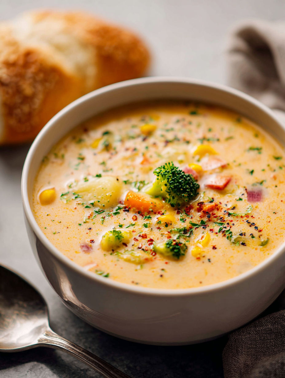 Bowl of smooth vegetable soup with broccoli and carrots.