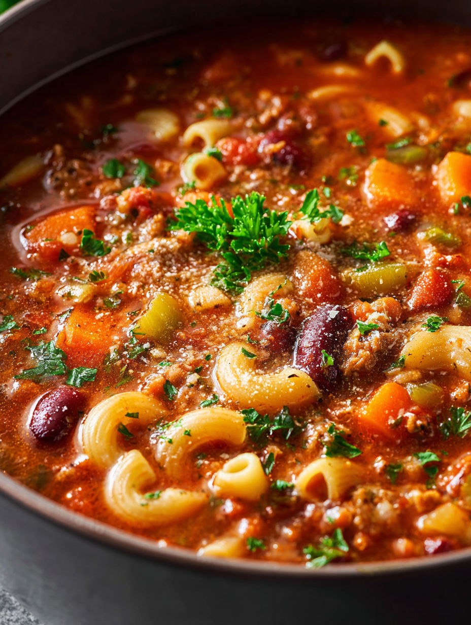 A bowl filled with pasta fagioli topped with fresh green herbs.
