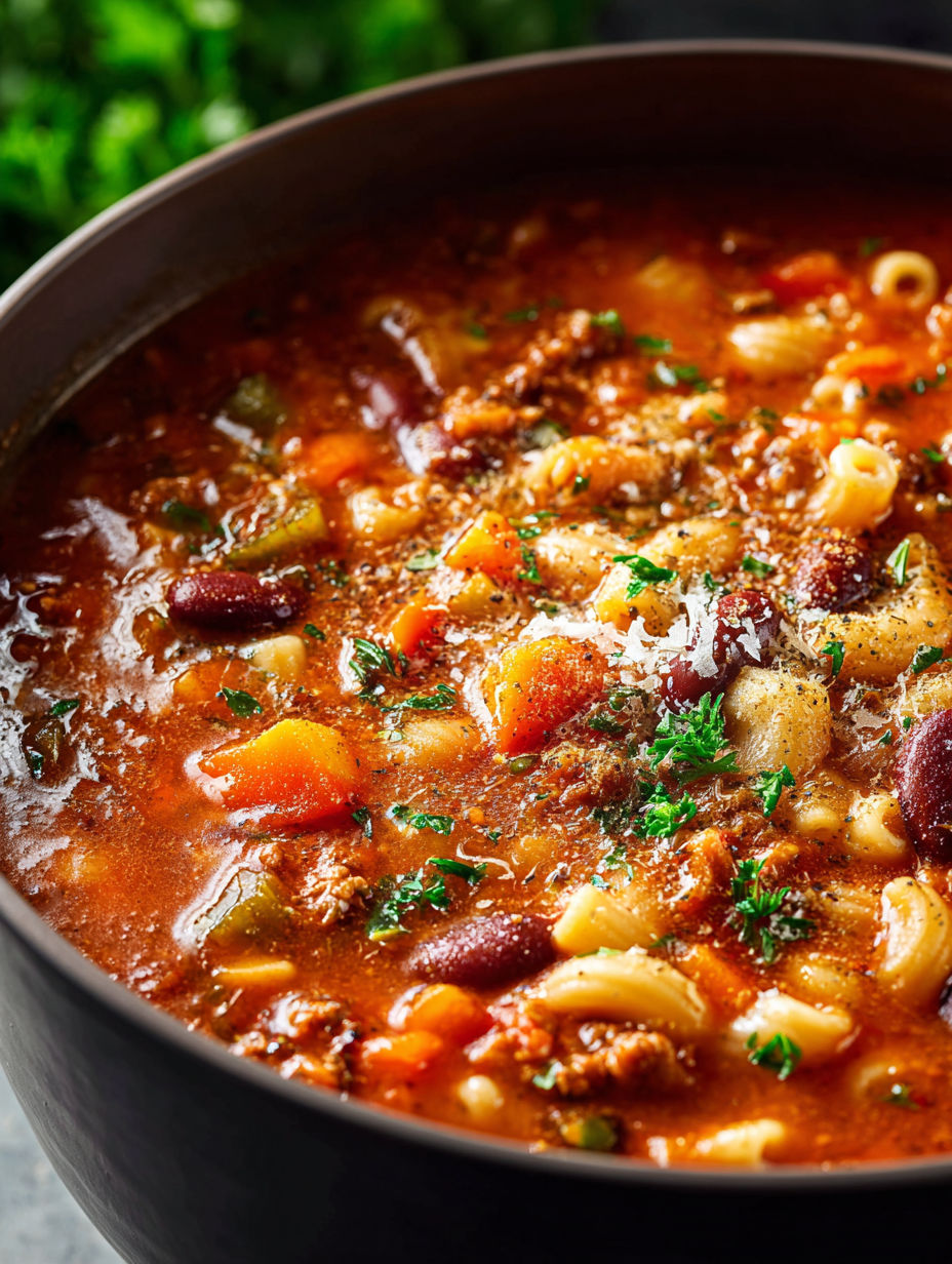 Soup bowl filled with pasta, beans, and veggies.