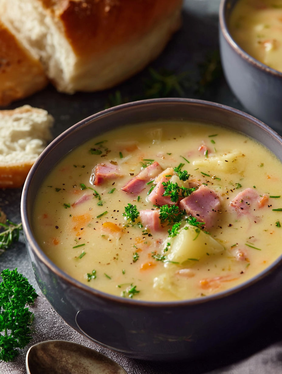 A bowl with ham and potato soup inside.