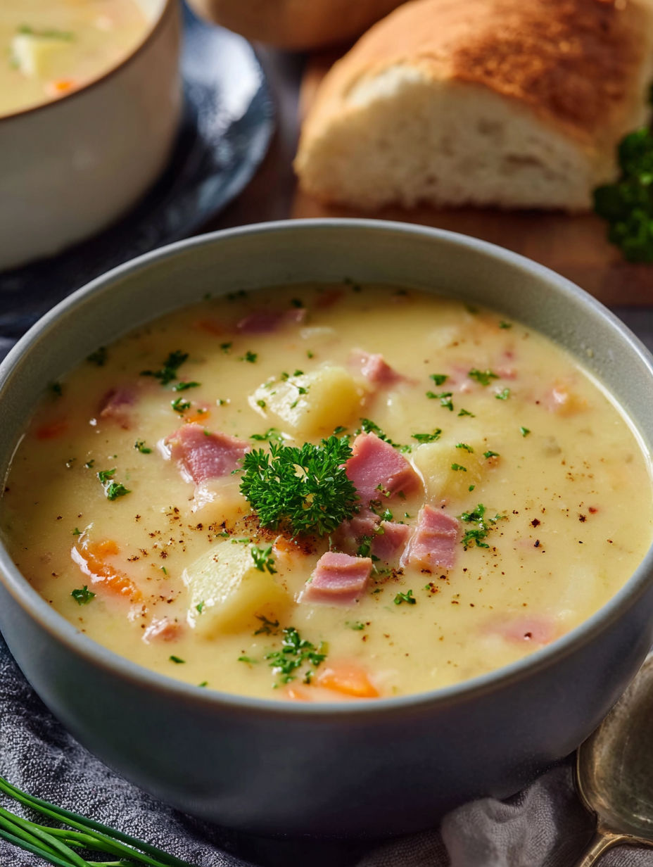 Soup bowl topped with green garnish.