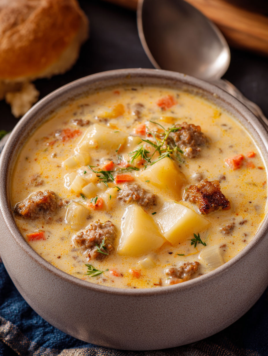 Soup bowl filled with meat and vegetables.