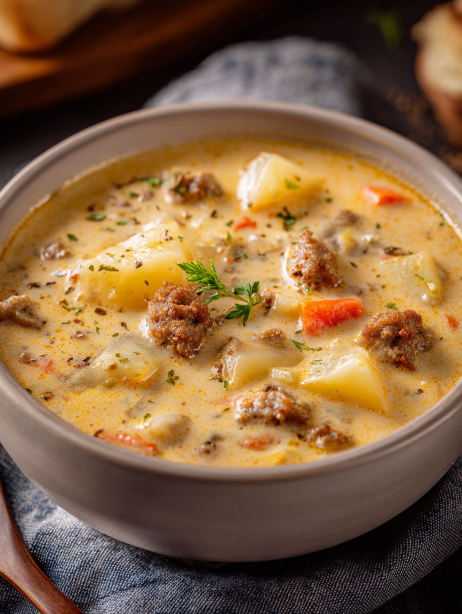 A bowl of soup with meat and vegetables.