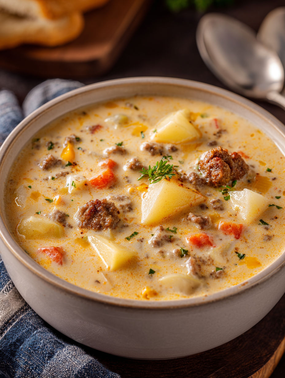 A bowl of soup with meat and vegetables.