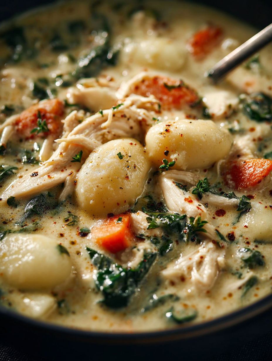 A bowl of soup with chicken, potatoes, and greens.