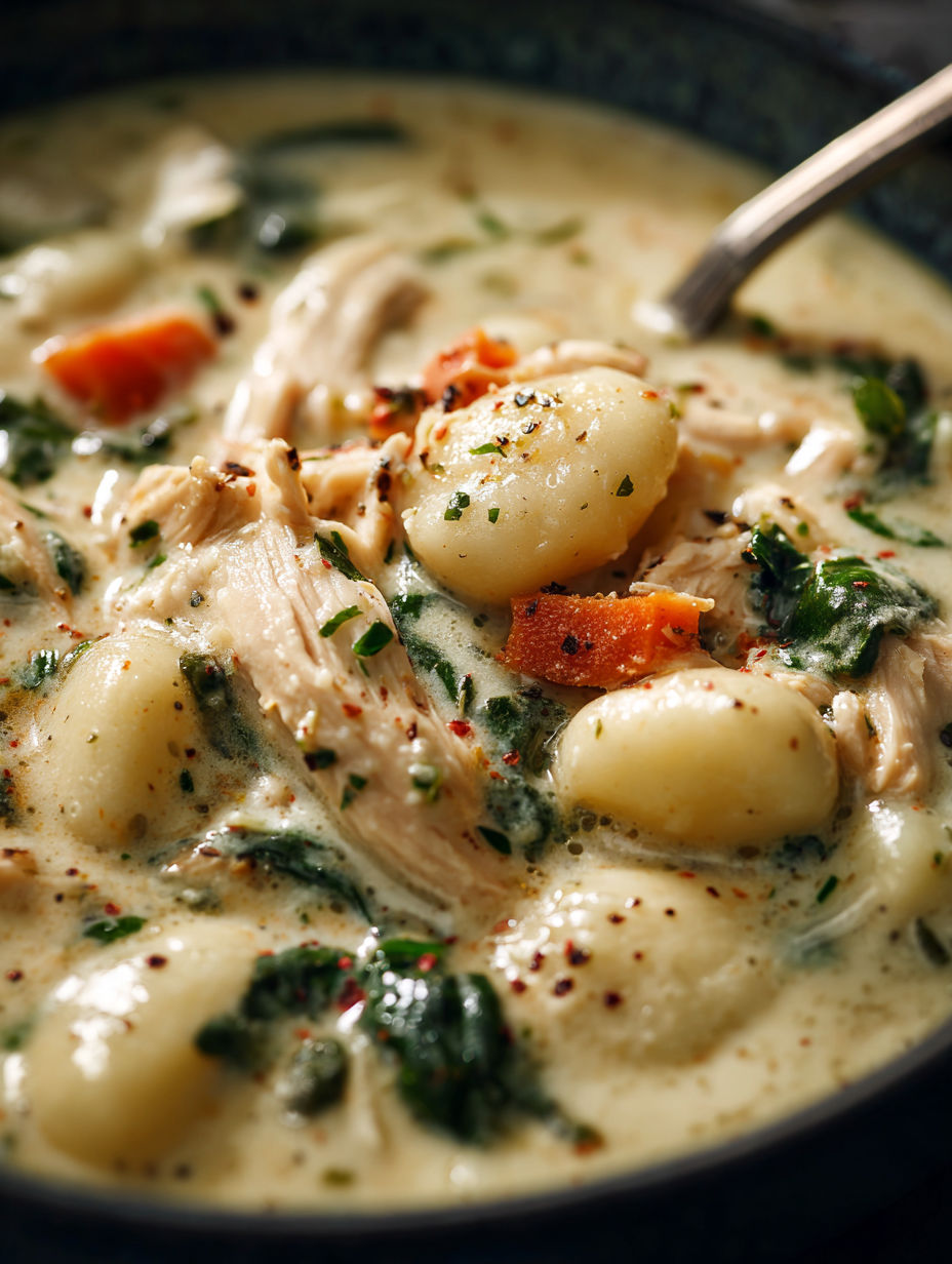 A bowl of soup with chicken and gnocchi.