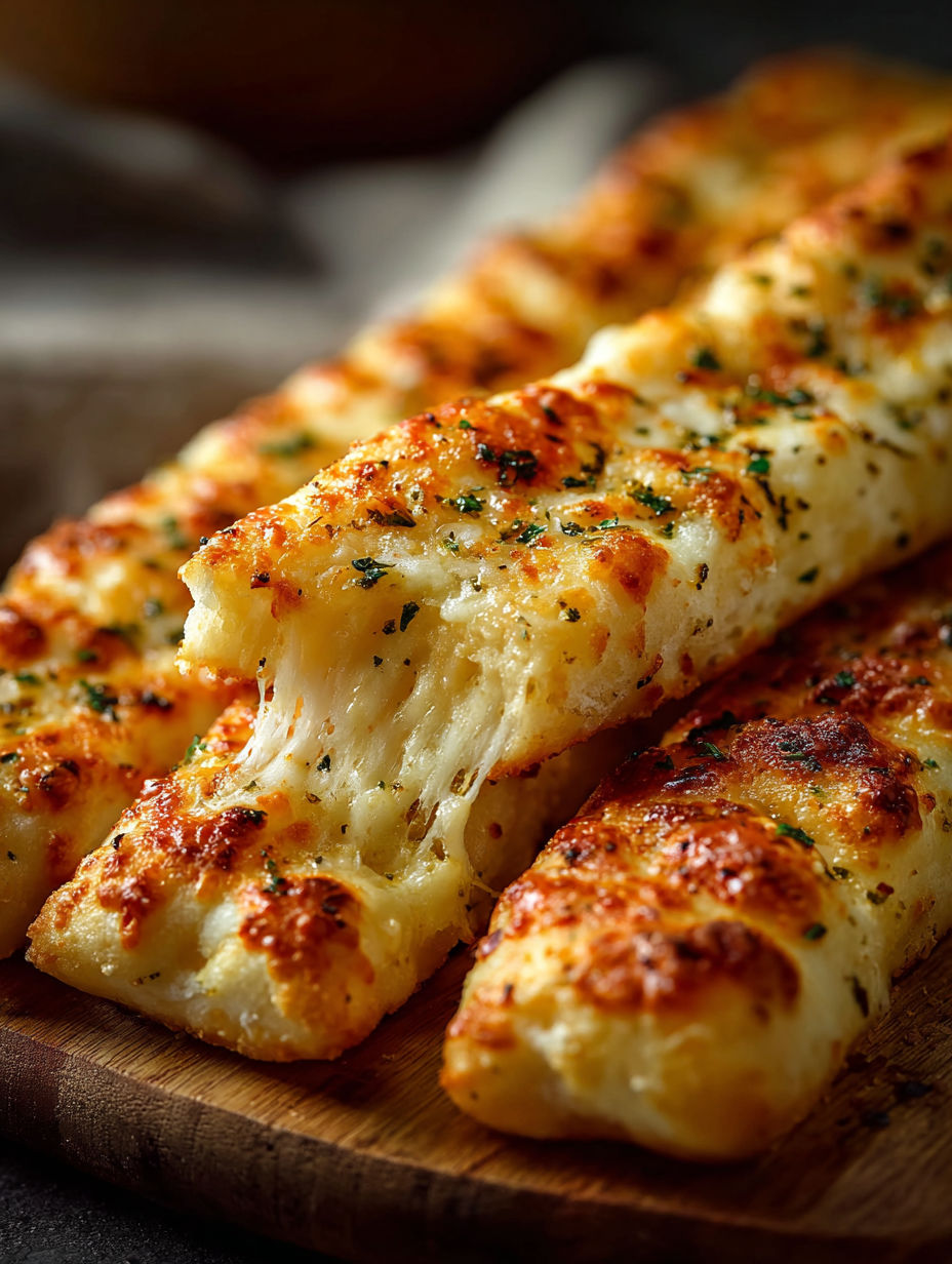 Freshly baked cheesy breadsticks on wood.