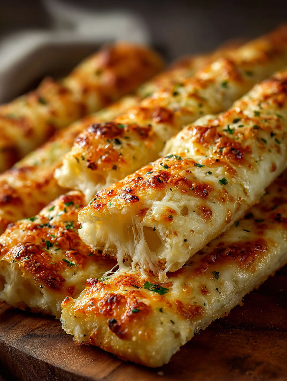 A plate piled with cheesy breadsticks.