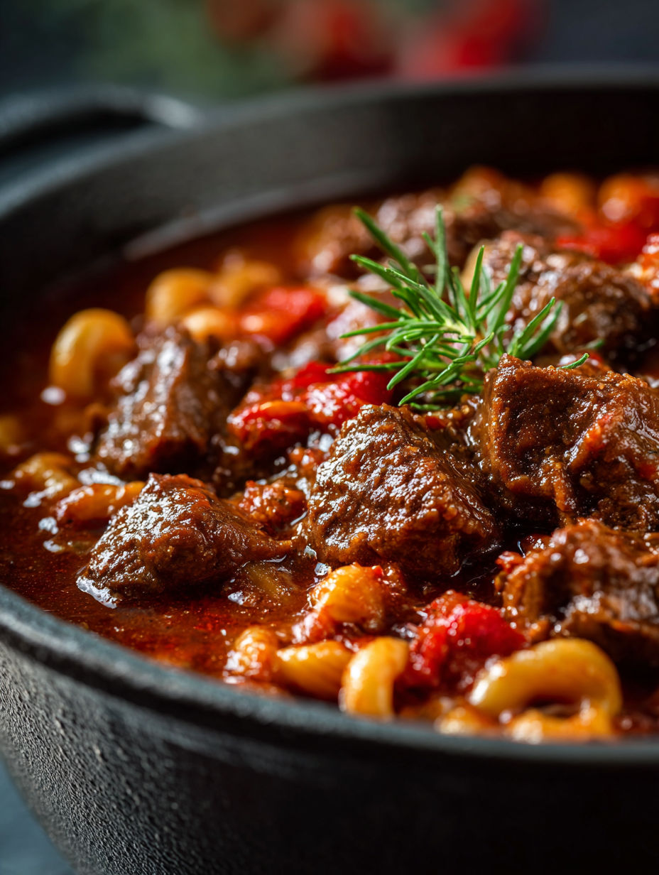 A pot of old fashioned goulash with meat and pasta.