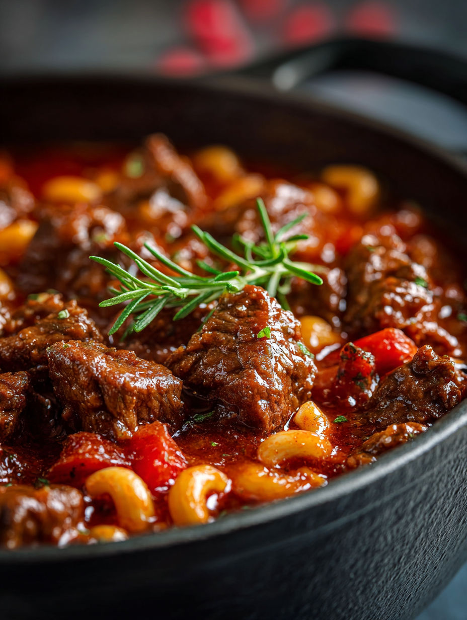 A bowl of old fashioned goulash with meat and pasta.