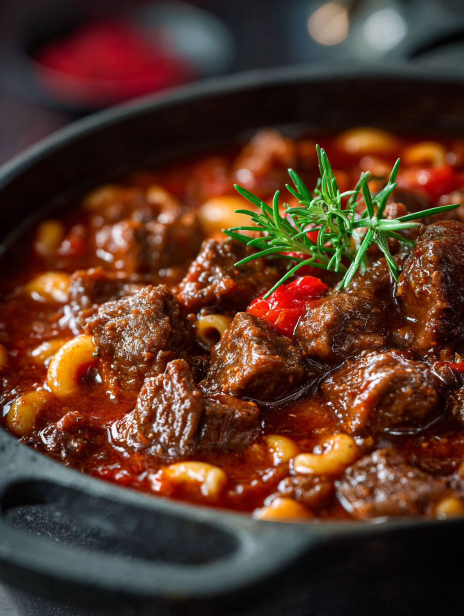 A bowl of old fashioned goulash with meat and pasta.