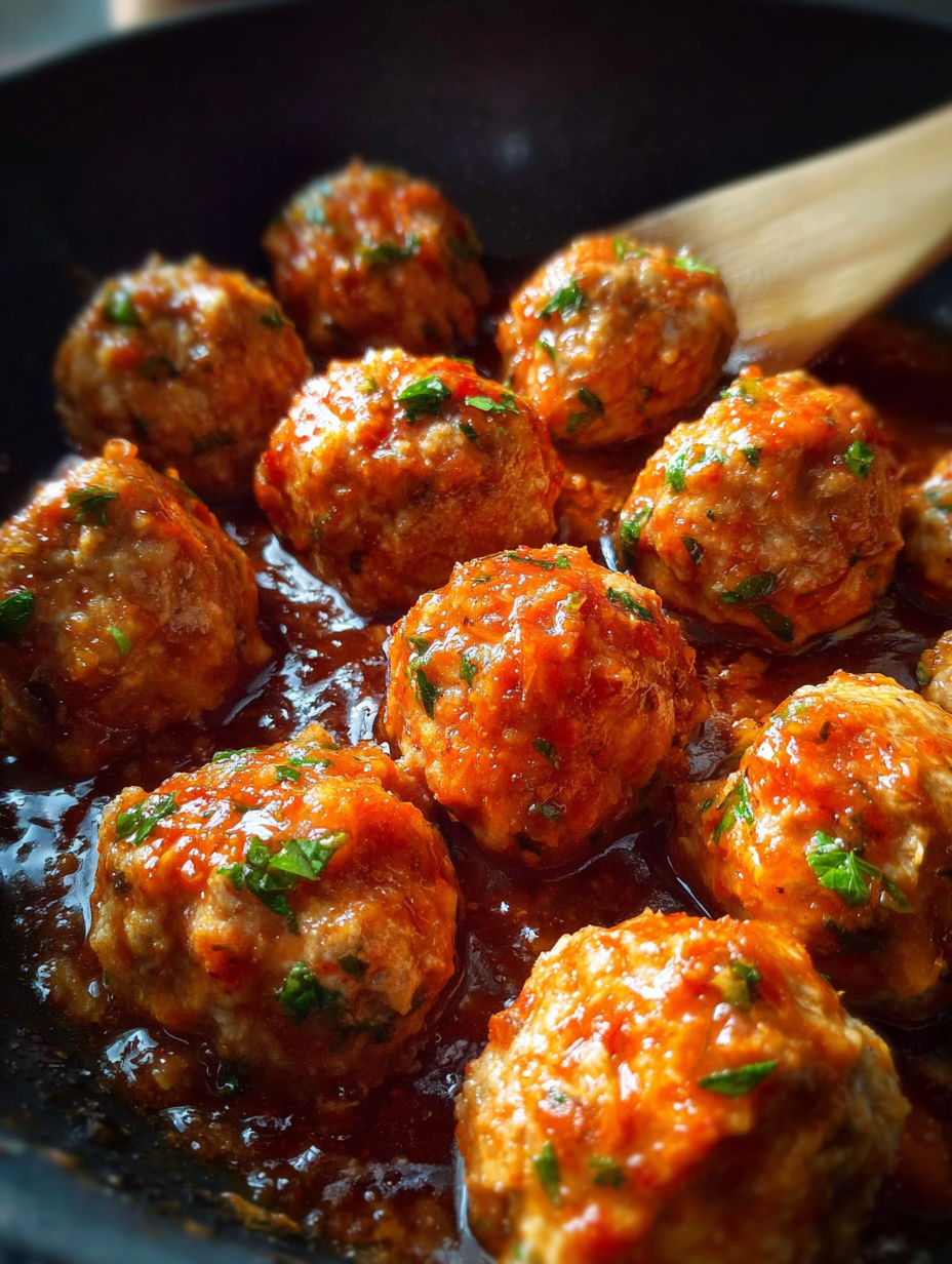 A pan of meatballs covered in tomato sauce.
