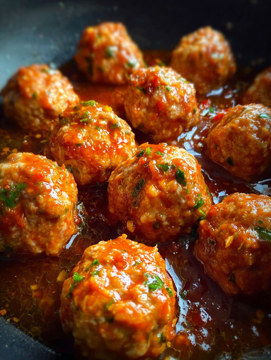 Close view of meatballs swimming in sauce.