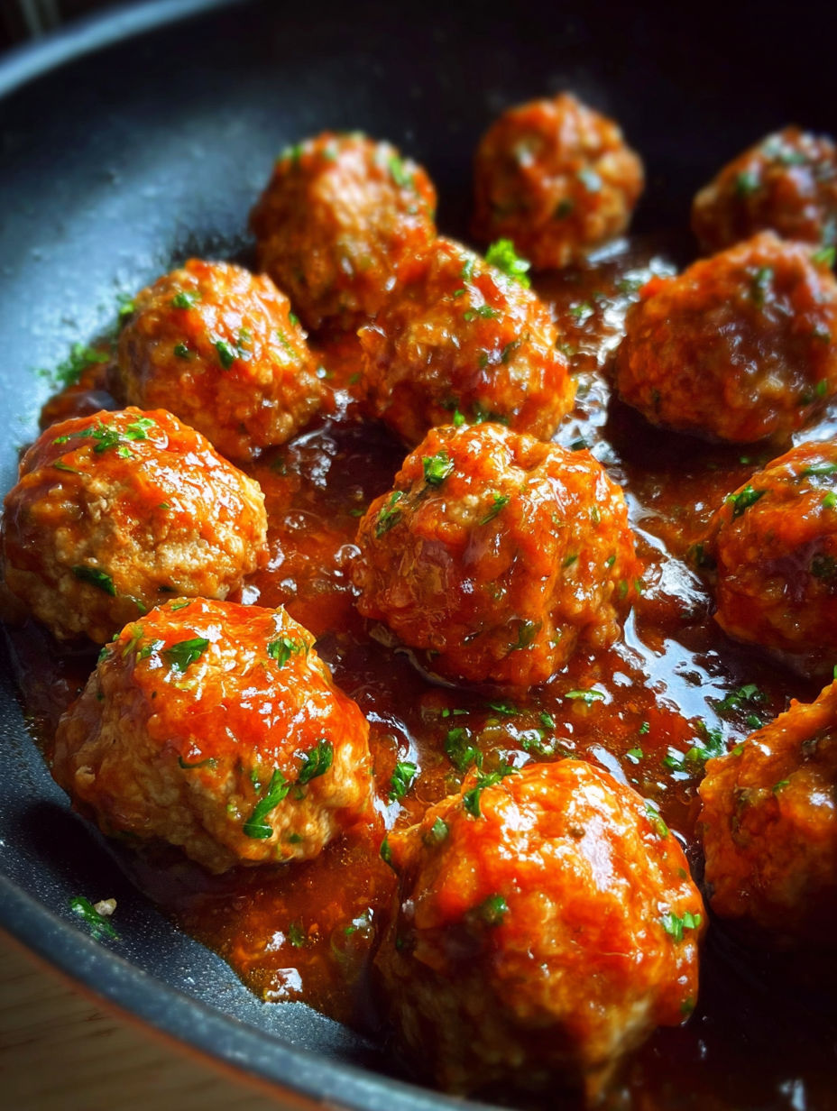 Meatballs cooking in a flavorful sauce in a pan.