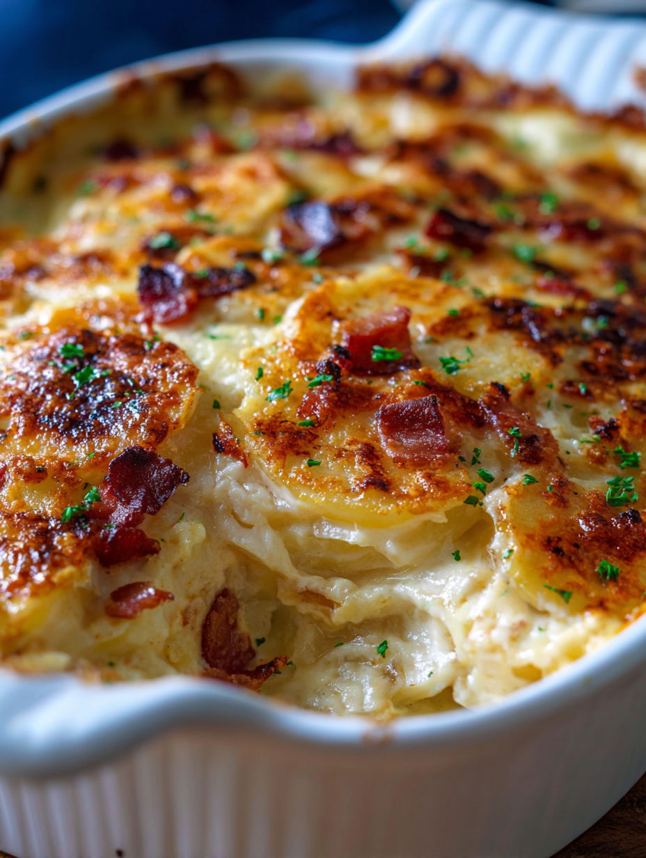 Scalloped potatoes with cheese and crispy bacon.