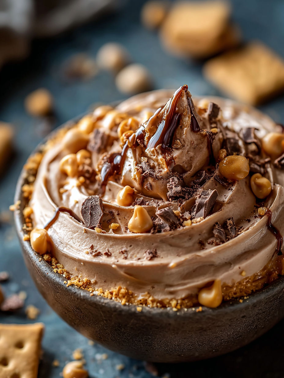 A bowl of peanut butter dip with chocolate chips.