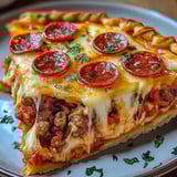 Slice loaded with melty cheese, pepperoni, and sausage on a golden brown crust.