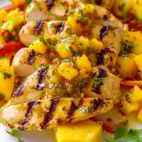Grilled chicken on a plate with pineapple chunks and colorful peppers.