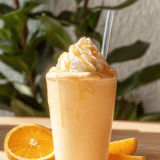 A glass full of orange juice sits with an orange wedge on the side.