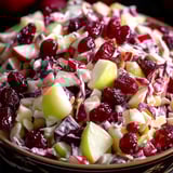A bowl of slaw packed with cranberries and apple pieces showing through.