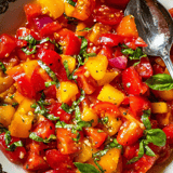 A bowl loaded with tomatoes and fresh basil.