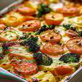 Broccoli and carrots in a baked dish.