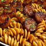 A bowl of noodles covered in sauce and sausage slices.