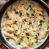 Pasta bowl topped with cheese and fresh herbs.