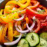 A bowl filled with cucumbers, peppers, and onions mixed together.
