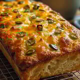 A bread loaf topped with sliced jalapenos.